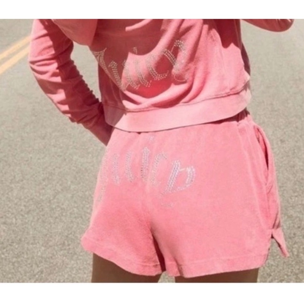 Juicy‎ Couture Velour Shorts XL Pink Flamingo Rhinestone Logo Y2K McBling new
